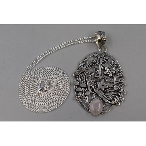 79 - Silver 925 Wolf Pendant Necklace with Rose Quartz Stone, on Silver 30” Chain. Complete in Gift... 