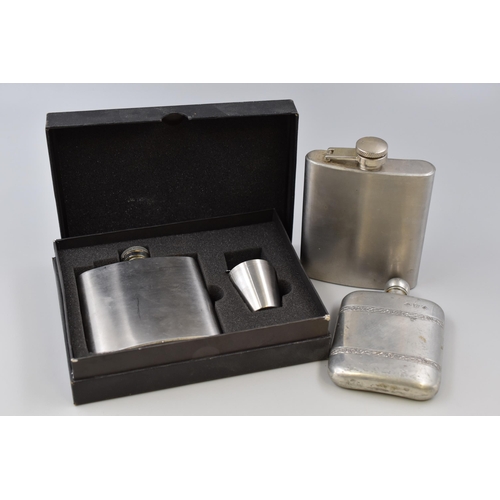 376 - Three Vintage Hip Flasks To Include One Boxed 6oz, And Two Others