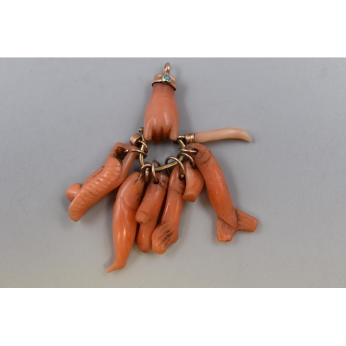 80 - Antique 19th Century unmarked Gold and Coral Hand Pendant (a/f)