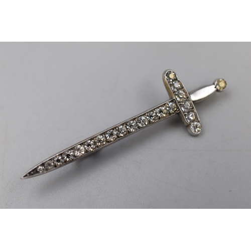 84 - Silver Clear Stoned Sword Brooch