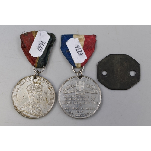 305 - Two Edward VIII 1937 Coronation Medal's with Ribbons and a Military Dog Tag