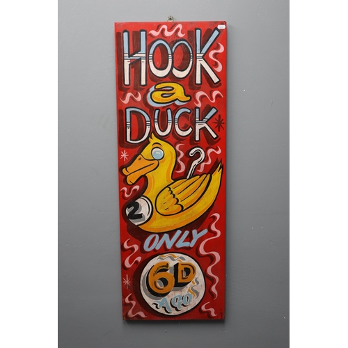 A Retro Wooden Hook a Duck Fairground Sign, Approx 42"x15"