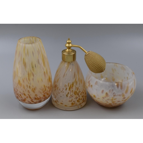 320 - Caithness set of 3 opaque and amber patterned. To include a vase 5