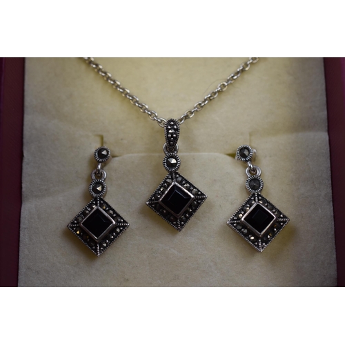 99 - Silver 925 Marcasite Necklace and Earring set complete with Case