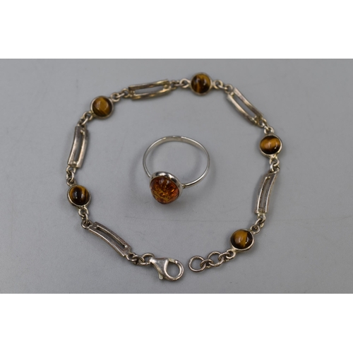 100 - Silver 925 Amber Stoned Bracelet and Ring