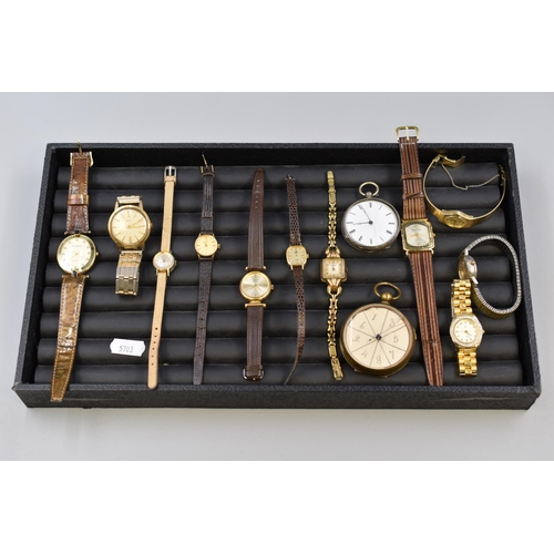 120 - A Selection of Eleven Ladies Watches And Two Pocket Watches To Include Westclox, Burgana, Timex, And... 