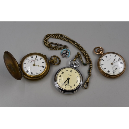 127 - Three Pocket Watches To Include Smiths (With Chain and Enamelled Silver Cat Pendant), Russell & ... 