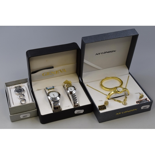 136 - Three Gift Set's including Geneva His and her Watches, Style Watch and NY London Jewellery Set