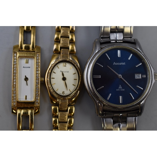 138 - Three Accurist Watches including Gents WR50M, two Ladies Watches and a Silver Tone Bracelet (Working... 