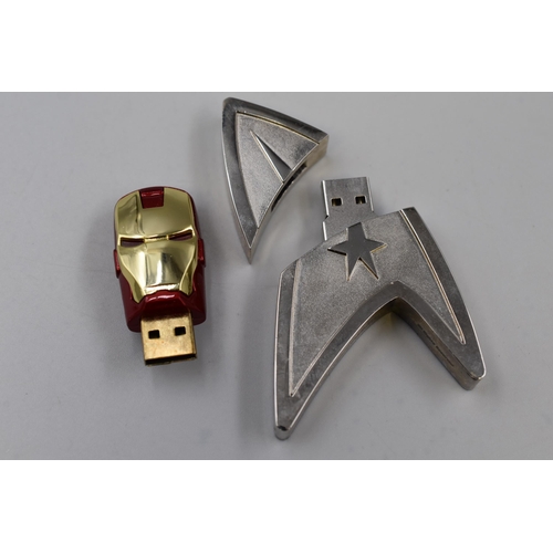 437 - Selection of 2 USB Flash Drives Including Iron Man and Star Trek (Both In Cases)