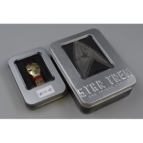 437 - Selection of 2 USB Flash Drives Including Iron Man and Star Trek (Both In Cases)