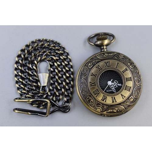 159 - Mudder half hunter pocket watch in antique brass with fob chain in presentation box, working and new... 