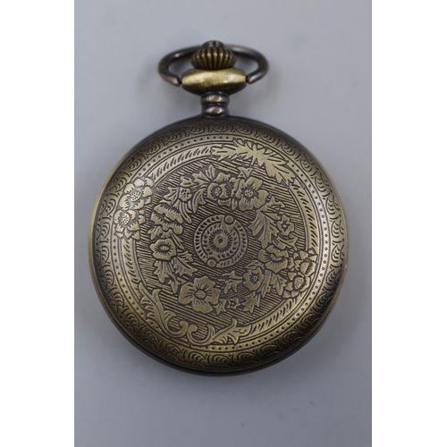 159 - Mudder half hunter pocket watch in antique brass with fob chain in presentation box, working and new... 