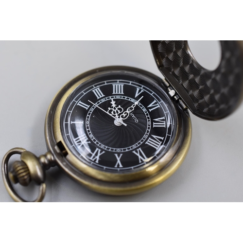 159 - Mudder half hunter pocket watch in antique brass with fob chain in presentation box, working and new... 