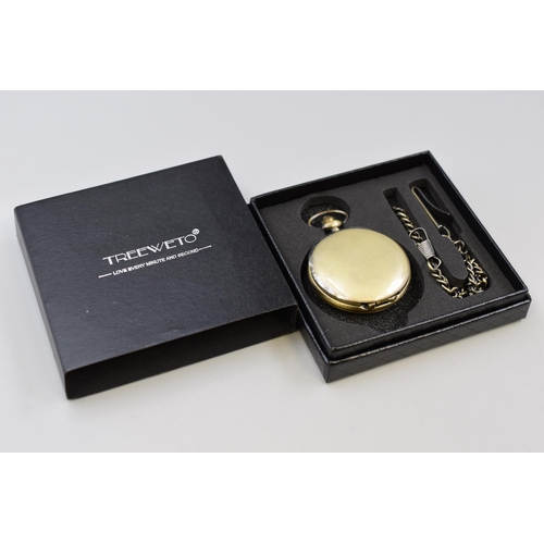 161 - Treeweto pocket watch in antique brass colour with fob chain in presentation box and sleeve in worki... 