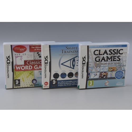 443 - Three Boxed Nintendo DS Games, includes Classic Games Premium Selection, Sight Training Enjoy Exerci... 