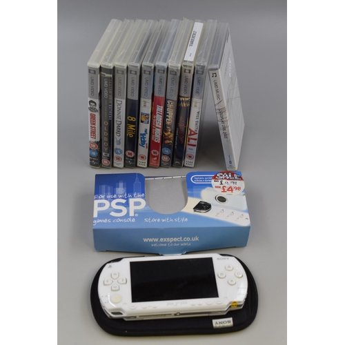 444 - White Sony PSP with 10 UMD Discs , Carry Case and Hard Cover. Untested House Clearance item no Power... 