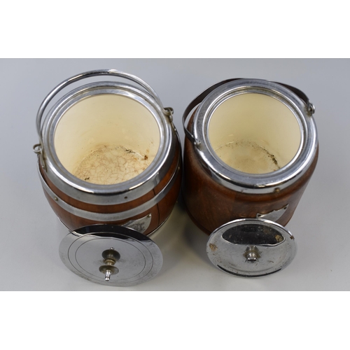 335 - Two Vintage Oak Ice / Biscuit Barrel with Ceramic Liners one with applied Sterling Silver Shield