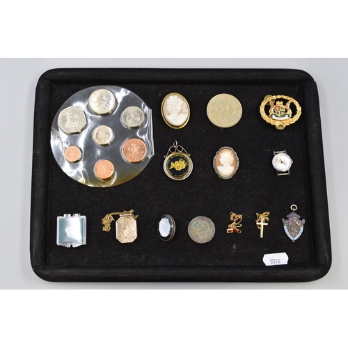 174 - Mixed Selection including Coin Set, Silver Coin, South African Badge, Cameo Brooches, and More