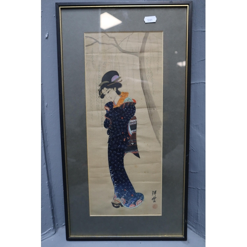 454 - Two Framed and Glazed Original Japanese Painted Silk Artpieces, Largest Approx 21