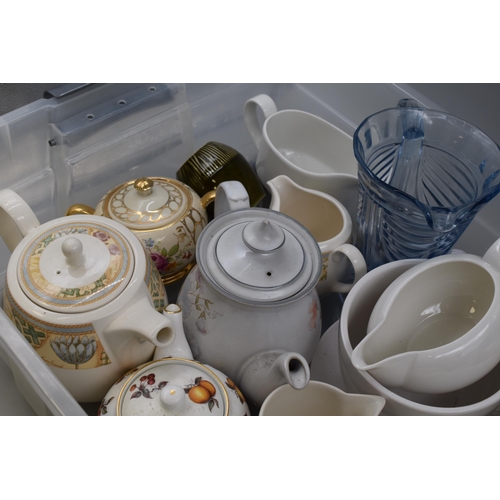 577 - Box of Teapots, Jugs and Other includes Wedgewood, Denby, Sadler and others.