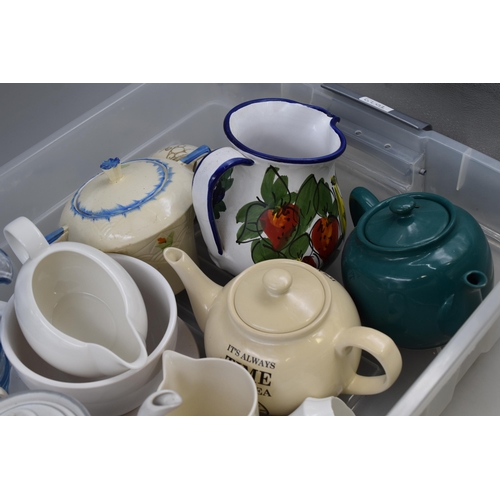 577 - Box of Teapots, Jugs and Other includes Wedgewood, Denby, Sadler and others.