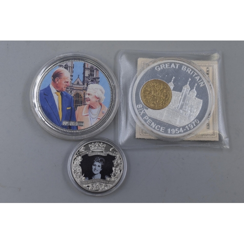 184 - Three Commemorative Coins including Great Britain Sixpence, 2021 Half Crown, and More