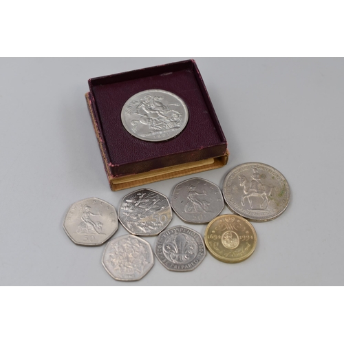 George VI 1951 Festival of Britain Crown with Case, 1953 Crown, 1994 Two Pound Coin, and a Selection of 50p Coins