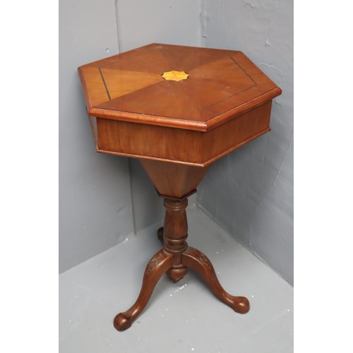 622 - Hexagonal Inlaid Pedestal Sewing Table with Velvet Lining and Contents (W21