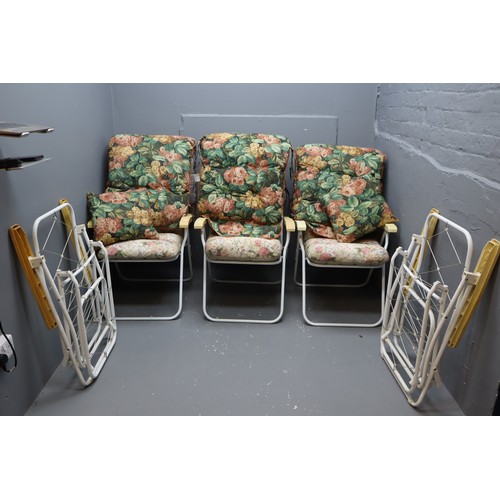 634 - 3 reclining garden chairs with brand new seat cushions plus parasol and 3 spare cushions plus 2... 