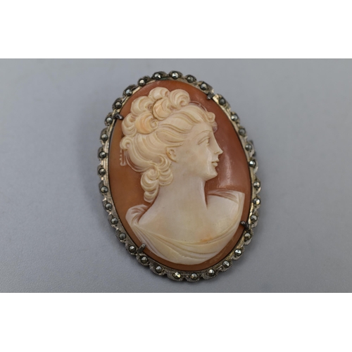 218 - Vintage Silver Marcasite Cameo Brooch (4cm)