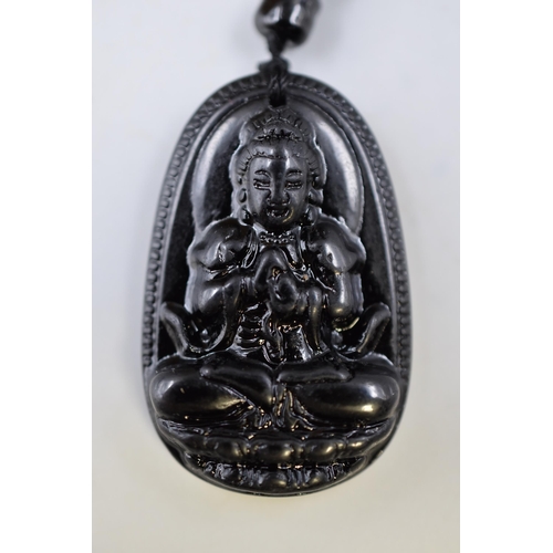 222 - Black Obsidian Bead Necklace with Female Buddha Design