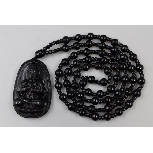 222 - Black Obsidian Bead Necklace with Female Buddha Design