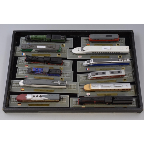 227 - A Selection of Labelled N Gauge Locomotives on Plinths, Includes Flying Scotsman, BR-218, Remfe AVE ... 