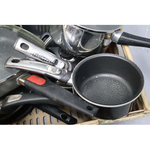 804 - x2 cast iron skillets, 1x wok, 3x sauce pans, 1x casserole, 1x stainless steel steamer, 1x griddle p... 