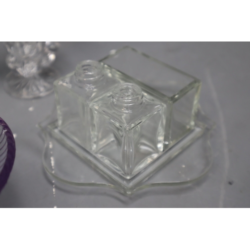 838 - Selection of Crystal and Pressed Glass including Lilac Candleholders, Vases, and More