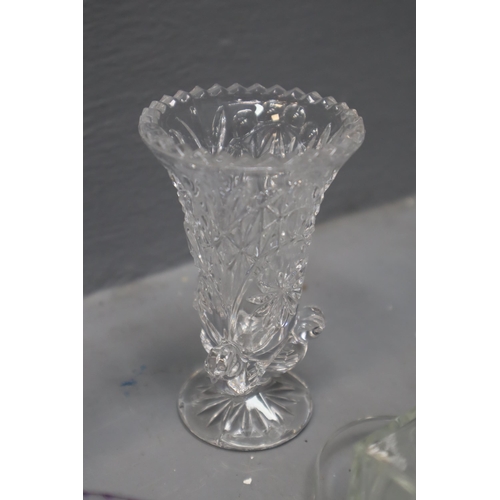 838 - Selection of Crystal and Pressed Glass including Lilac Candleholders, Vases, and More