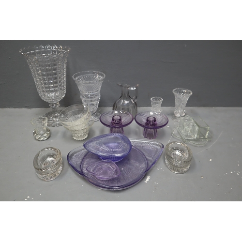 838 - Selection of Crystal and Pressed Glass including Lilac Candleholders, Vases, and More