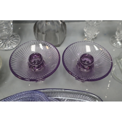 838 - Selection of Crystal and Pressed Glass including Lilac Candleholders, Vases, and More