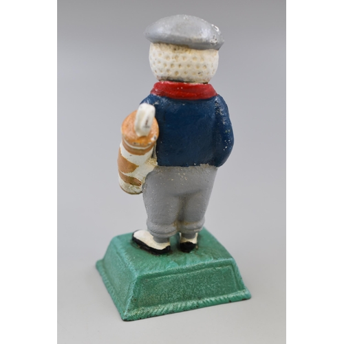 306 - Vintage Cast Iron Golf Figure Mascot, “We Play Dunlop” (5.5”)