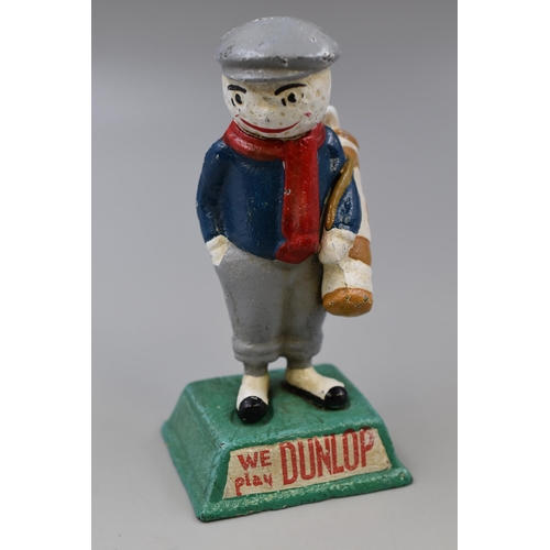 306 - Vintage Cast Iron Golf Figure Mascot, “We Play Dunlop” (5.5”)