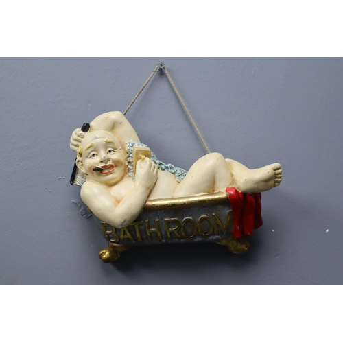 309 - Quirky Hand Painted Chalkware Bathroom Sign (12