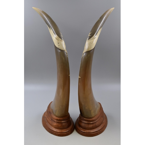 322 - Pair of Hand Carved Water Buffalo Horn of Dragons, Phoenix and Tigers (As Found)