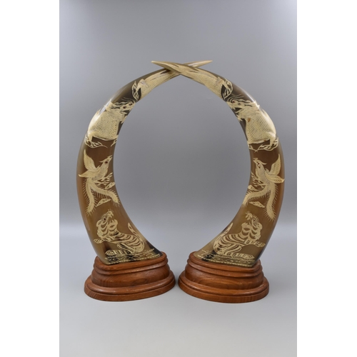 322 - Pair of Hand Carved Water Buffalo Horn of Dragons, Phoenix and Tigers (As Found)