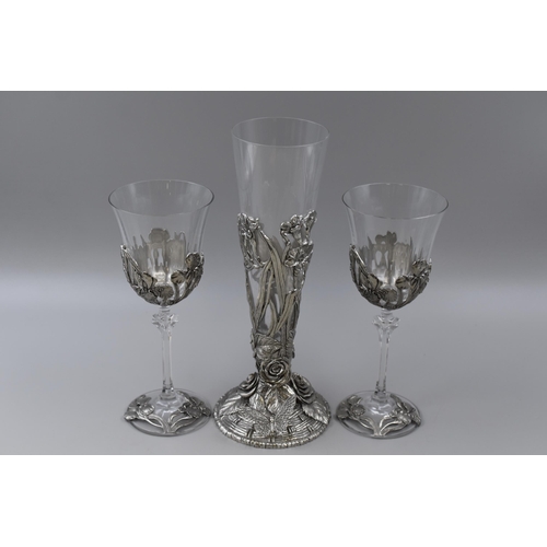 281 - Three Royal Selangor Pewter items with Woodland Design, includes Two Goblets and a Vase (Vase 11”)