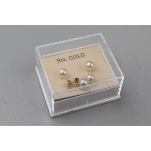 73 - Two Pairs 9ct Gold Pearl Earrings Complete in Presentation Box