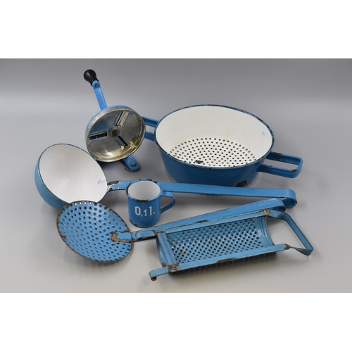 344 - Selection of Mid Century French Enamelled Kitchen items plus an English Bean Slicer by Spong