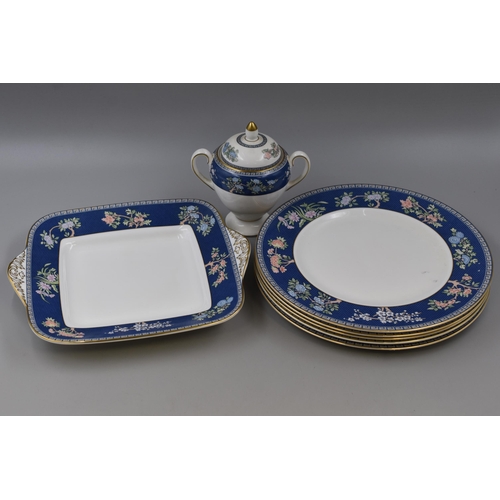 347 - Seven Pieces of Wedgwood Blue Siam to include 5 Dinner Plates, Lidded Pot and a Sandwich Plate