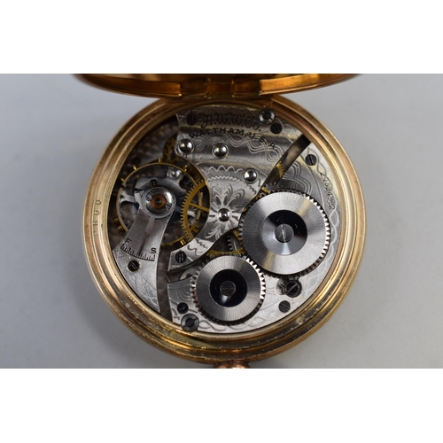 96 - Dennison cased gold plated pocket watch with waltham movement and steal protective cover with perspe... 