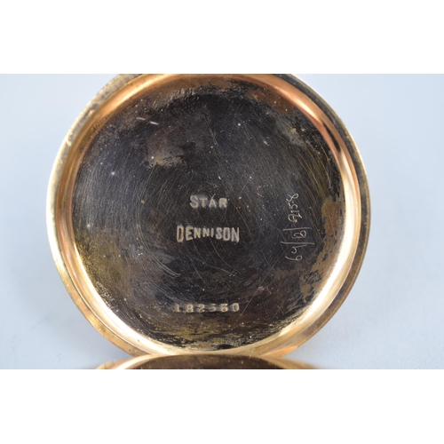 96 - Dennison cased gold plated pocket watch with waltham movement and steal protective cover with perspe... 